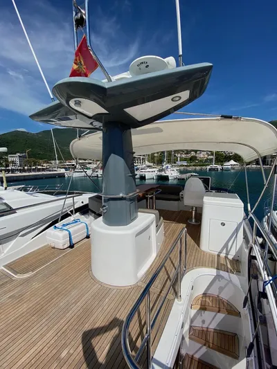 Mizar Yacht Photos Pics 2017 Azimut Magellano 53 yacht deck with seating, under clear blue sky.