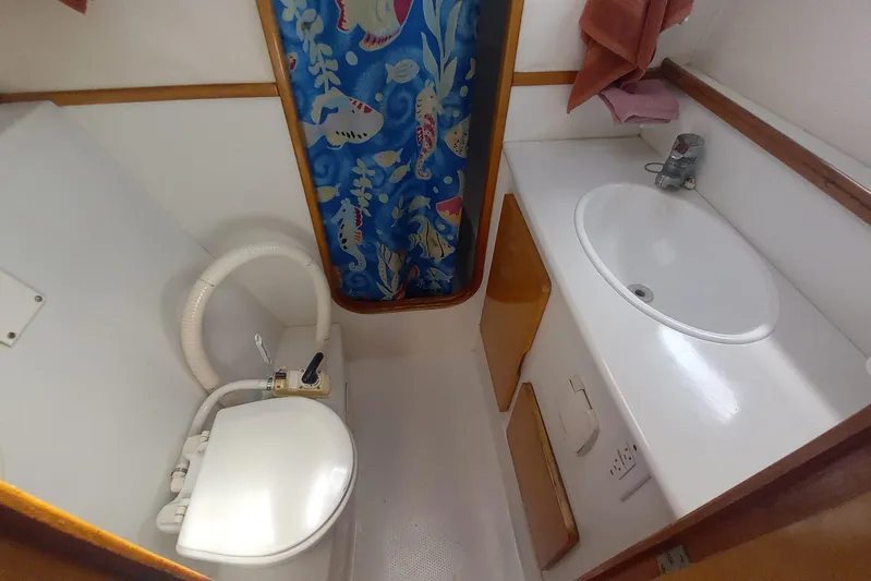 Yellowrock Yacht Photos Pics Bathroom interior of 1996 Alliaura Privilege 37 yacht with marine toilet and sink.