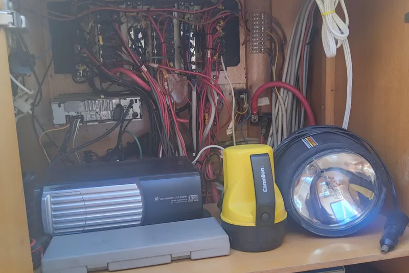 Yellowrock Yacht Photos Pics Electrical panel with wiring and equipment inside a 1996 Alliaura Privilege 37 yacht.