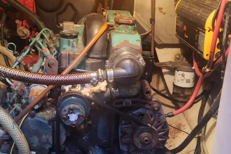 Yellowrock Yacht Photos Pics Engine compartment of a 1996 Alliaura Privilege 37 catamaran, showing mechanical components.