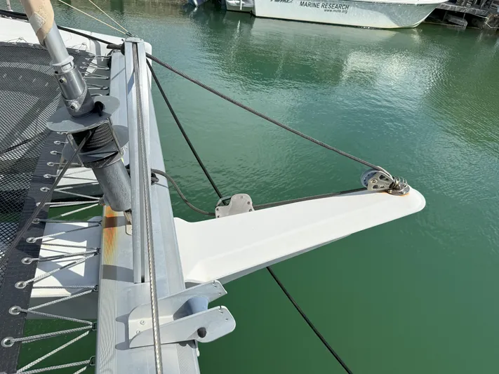 Brake Aweigh Yacht Photos Pics Bow of 2014 Fountaine Pajot Mahe 36 Evolution catamaran in marina.