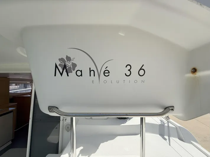 Brake Aweigh Yacht Photos Pics 2014 Fountaine Pajot Mahe 36 Evolution yacht, interior view with logo.