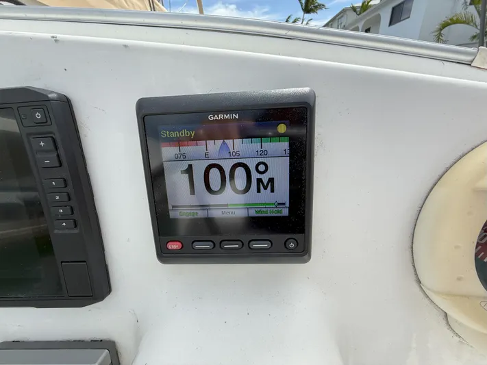Brake Aweigh Yacht Photos Pics Garmin display on 2014 Fountaine Pajot Mahe 36 Evolution yacht, showing 100 meters.