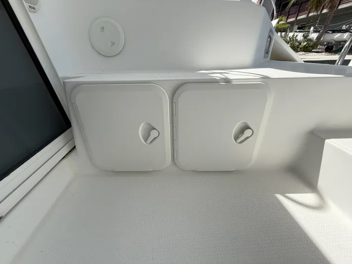 Brake Aweigh Yacht Photos Pics 2014 Fountaine Pajot Mahe 36 Evolution yacht storage compartments on deck.