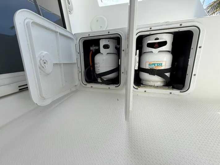 Brake Aweigh Yacht Photos Pics Propane storage compartment on 2014 Fountaine Pajot Mahe 36 Evolution catamaran.