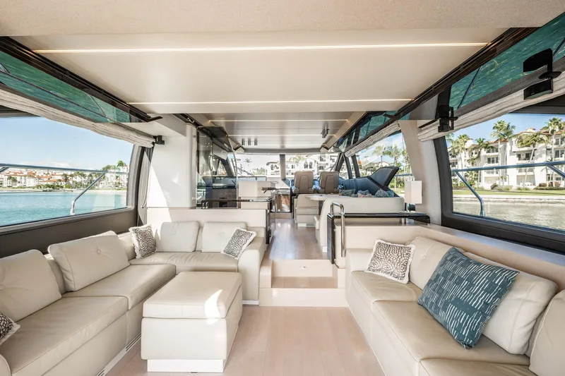 Amici Yacht Photos Pics Luxurious interior of 2017 Azimut 66 yacht with elegant seating and panoramic windows.