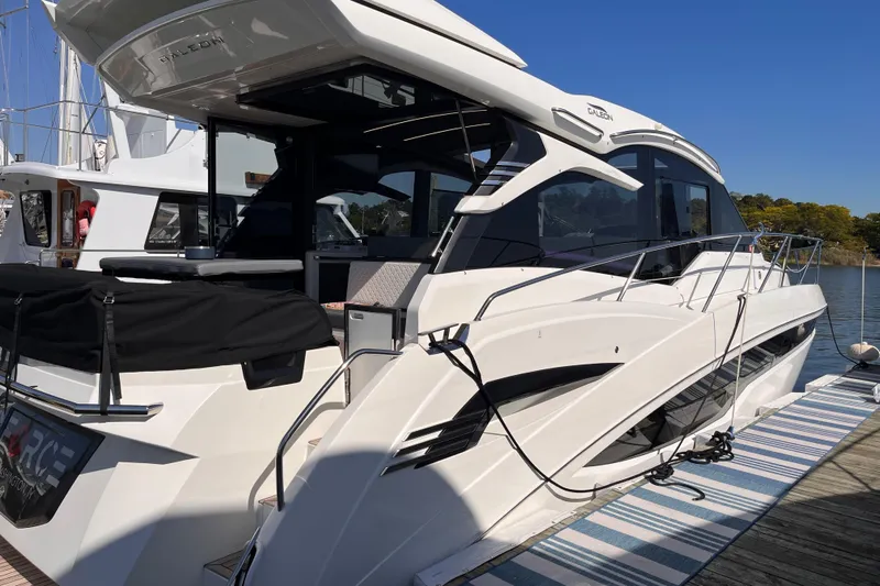  Yacht Photos Pics 2024 Galeon 425 HTS luxury yacht docked, showcasing sleek design and modern features.