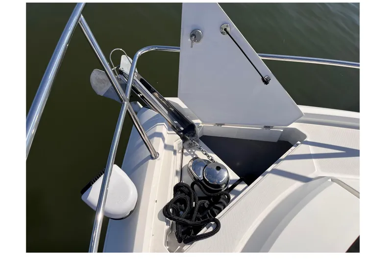  Yacht Photos Pics Bow anchor compartment of 2024 Galeon 425 HTS yacht with stainless steel fittings.