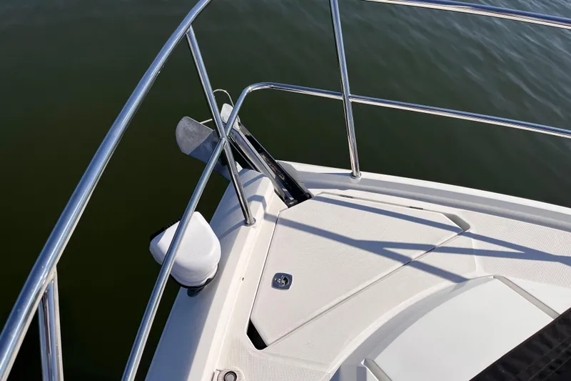  Yacht Photos Pics Bow of 2024 Galeon 425 HTS yacht with stainless steel railings and anchor.