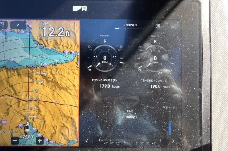  Yacht Photos Pics Display screen of 2024 Galeon 425 HTS showing depth, engine hours, and navigation data.