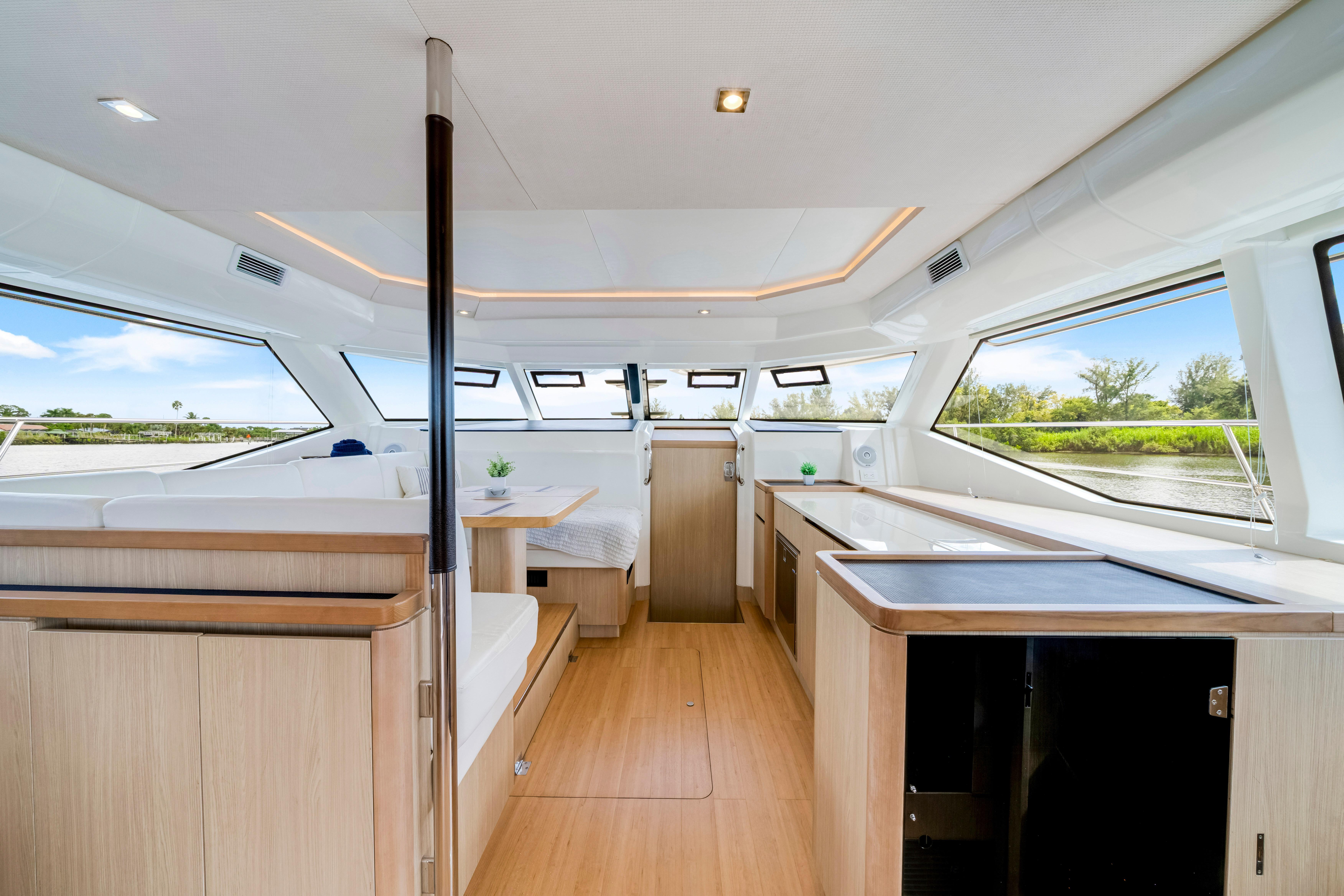 Interior of 2019 Aquila 44 Yacht, featuring modern design and panoramic windows.