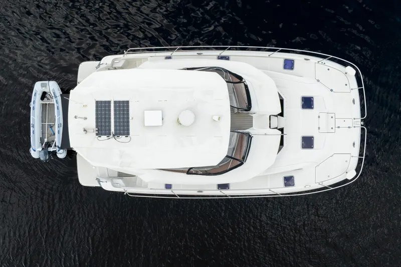 Altair Yacht Photos Pics Aerial view of 2019 Aquila 44 Yacht with solar panels on deck.