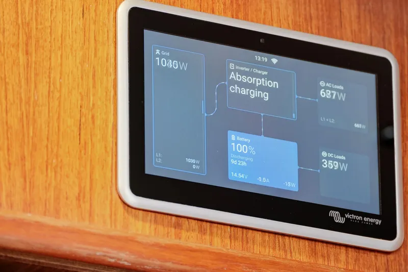 Archangel Yacht Photos Pics Victron Energy display showing absorption charging on 1992 Viking 43 Open boat.