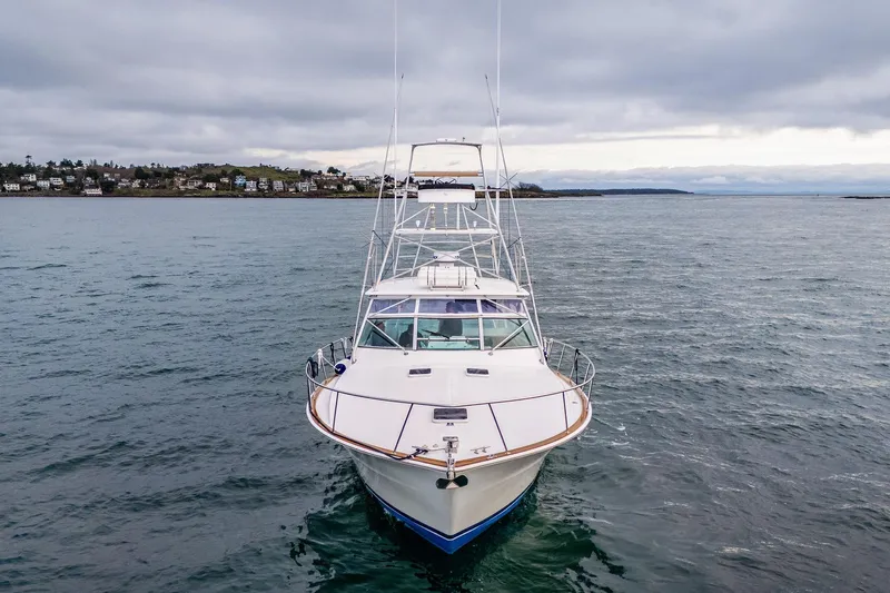 Archangel Yacht Photos Pics 1992 Viking 43 Open yacht on calm waters under cloudy skies.