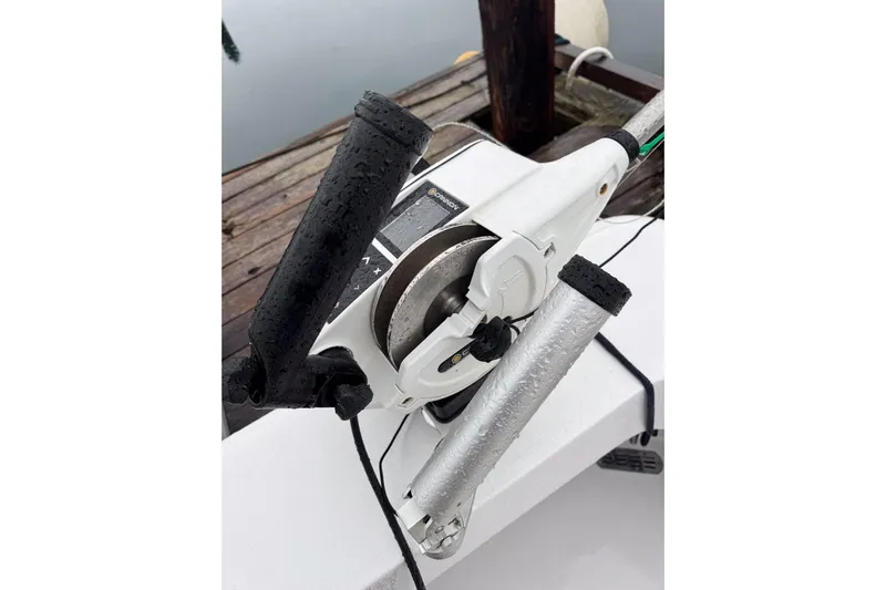 Archangel Yacht Photos Pics Close-up of a boat winch on a 1992 Viking 43 Open, with wet handles.