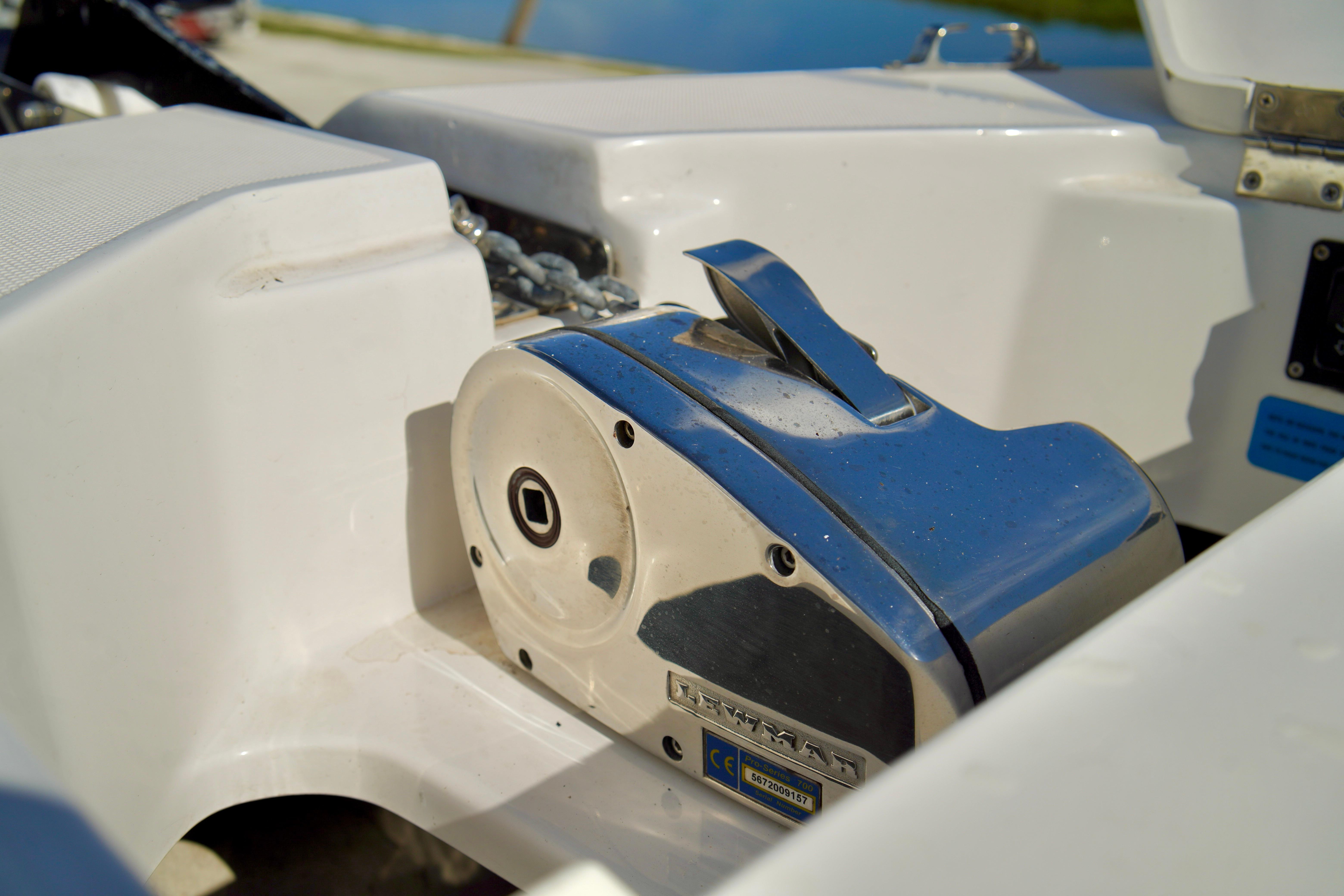 Close-up of a 2017 Release 240 RX boat's anchor winch mechanism.