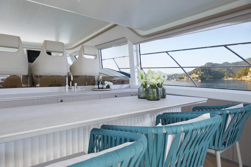 Edge 65 Yacht Photos Pics Luxurious interior of 2023 Van der Valk Edge 65 yacht with scenic ocean view.