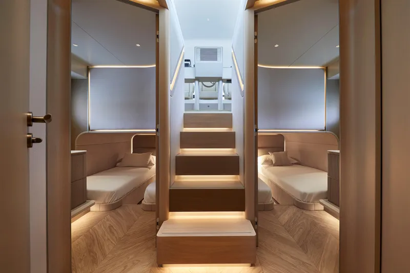 Edge 65 Yacht Photos Pics Luxurious interior of 2023 Van der Valk Edge 65 yacht with modern twin cabins.