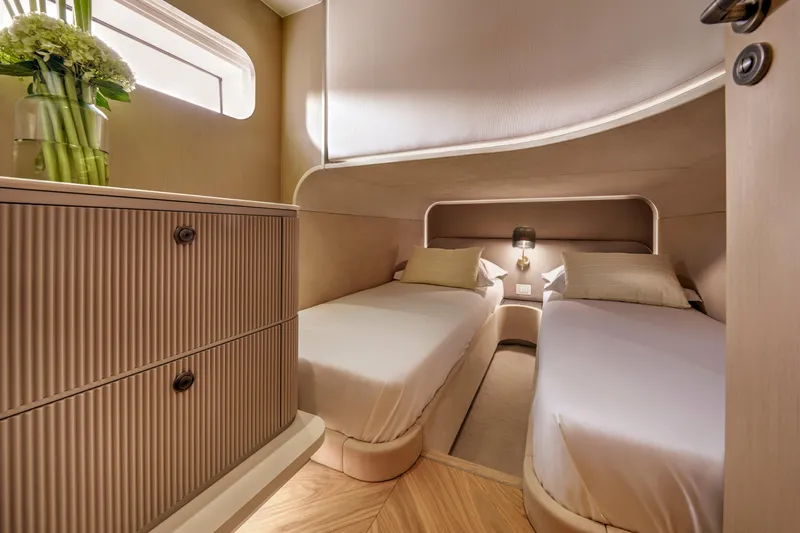 Edge 65 Yacht Photos Pics Luxurious twin cabin interior of 2023 Van der Valk Edge 65 yacht, featuring elegant design and decor.