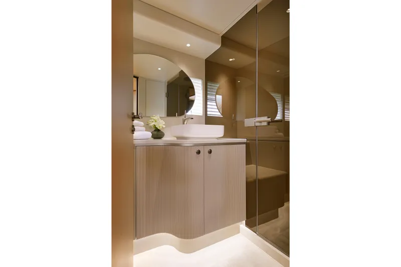 Edge 65 Yacht Photos Pics Luxurious bathroom in 2023 Van der Valk Edge 65 yacht, featuring modern design and elegant fixtures.