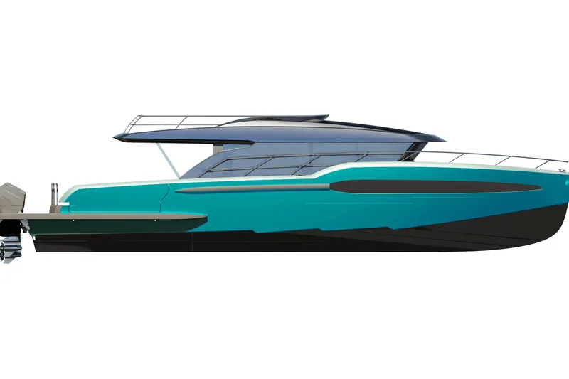 Edge 65 Yacht Photos Pics 2023 Van der Valk Edge 65 yacht, sleek design, turquoise hull, modern luxury vessel.