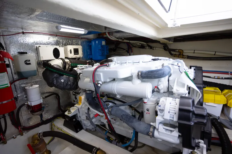 Tui Yacht Photos Pics Engine room of 2023 Greenline 48 Fly yacht, featuring modern equipment and wiring.