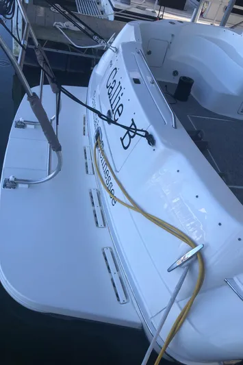 Callie B Yacht Photos Pics 2001 Sea Ray 400 Sedan Bridge yacht docked, rear view with name "Callie B".