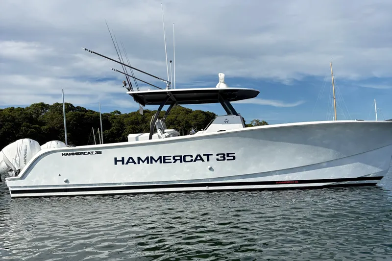 Hammercat 35-115 Yacht Photos Pics 2021 Hammer Yachts HammerCat 35 on water, side view with fishing rods.