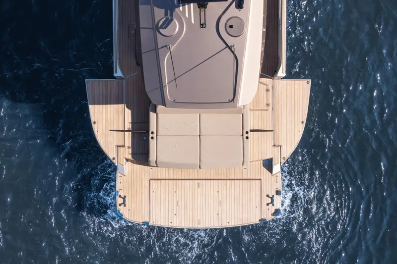  Yacht Photos Pics Overhead view of 2025 Azimut Seadeck 6 yacht on the water.