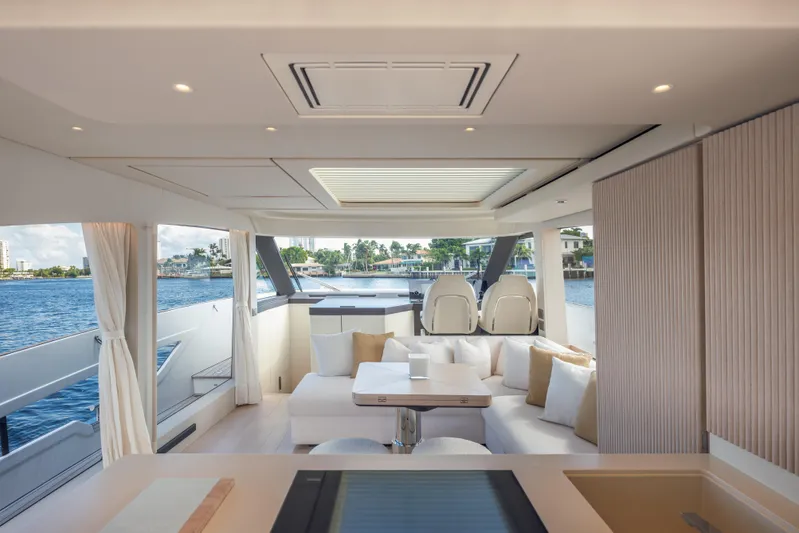  Yacht Photos Pics Luxurious interior of 2025 Azimut Seadeck 6 yacht with modern seating and scenic water view.