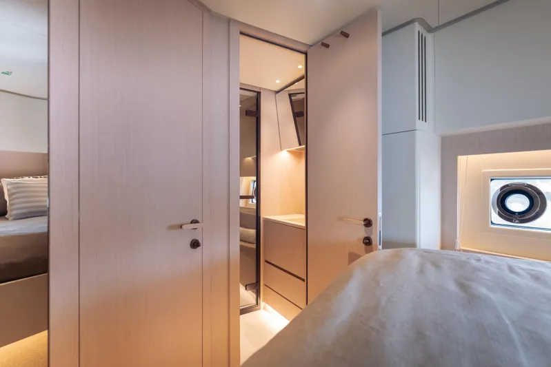  Yacht Photos Pics Luxurious interior of 2025 Azimut Seadeck 6 yacht cabin with modern design.