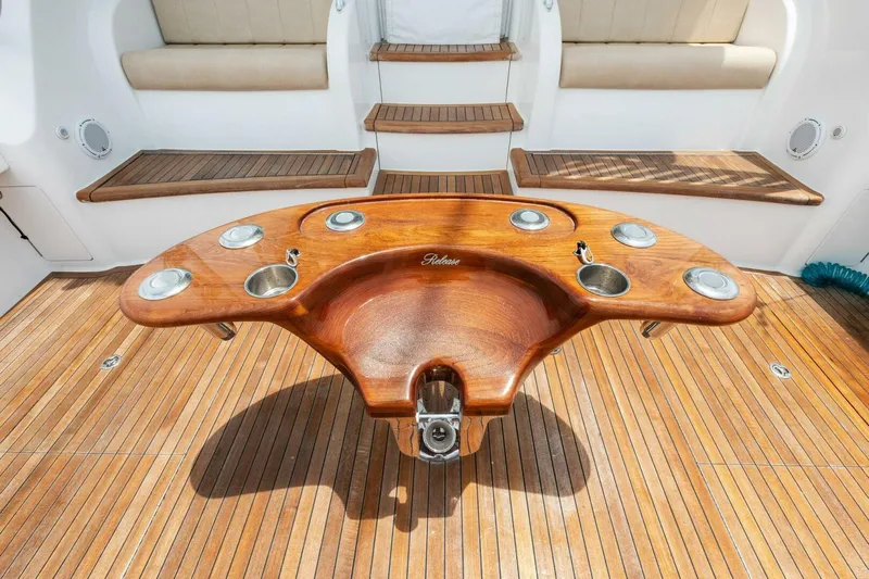 Terrabbean Yacht Photos Pics Luxurious teak deck and seating on a 2015 Viking 52 Open yacht.