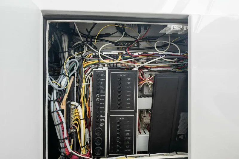 Terrabbean Yacht Photos Pics Electrical panel with wiring inside a 2015 Viking 52 Open boat.