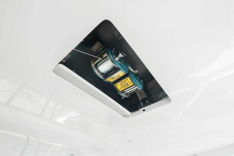 Terrabbean Yacht Photos Pics 2015 Viking 52 Open boat winch system, mounted in a sleek white compartment.