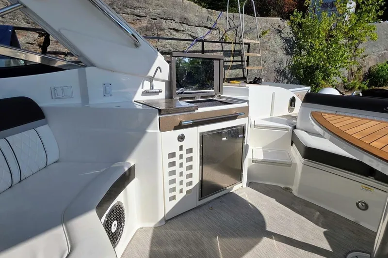  Yacht Photos Pics Luxurious 2019 Sea Ray 350 SLX boat interior with seating, kitchenette, and modern amenities.