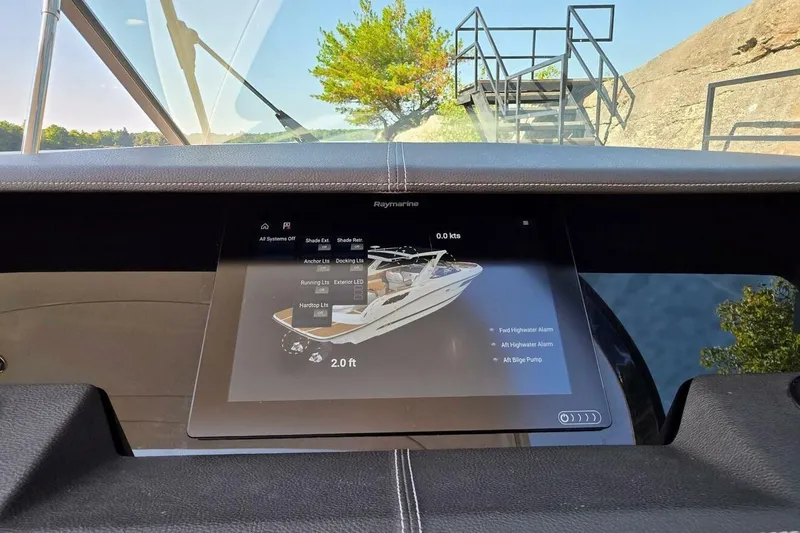  Yacht Photos Pics Dashboard of a 2019 Sea Ray 350 SLX boat with digital display.