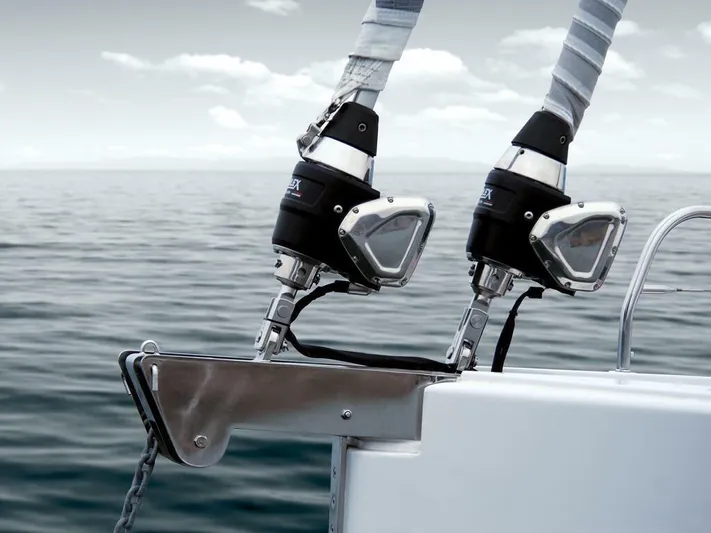  Yacht Photos Pics Sailing equipment on a 2025 Moody 54 DS yacht against a calm ocean backdrop.