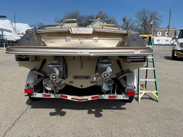  Yacht Photos Pics 2014 Chris-Craft Launch 32 boat on trailer, rear view with dual propellers.
