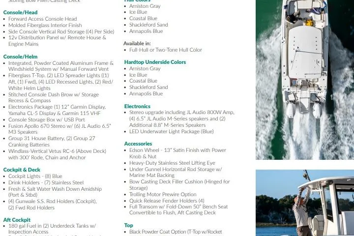  Yacht Photos Pics 2026 World Cat 265 CC-X boat features and specifications with top view on water.