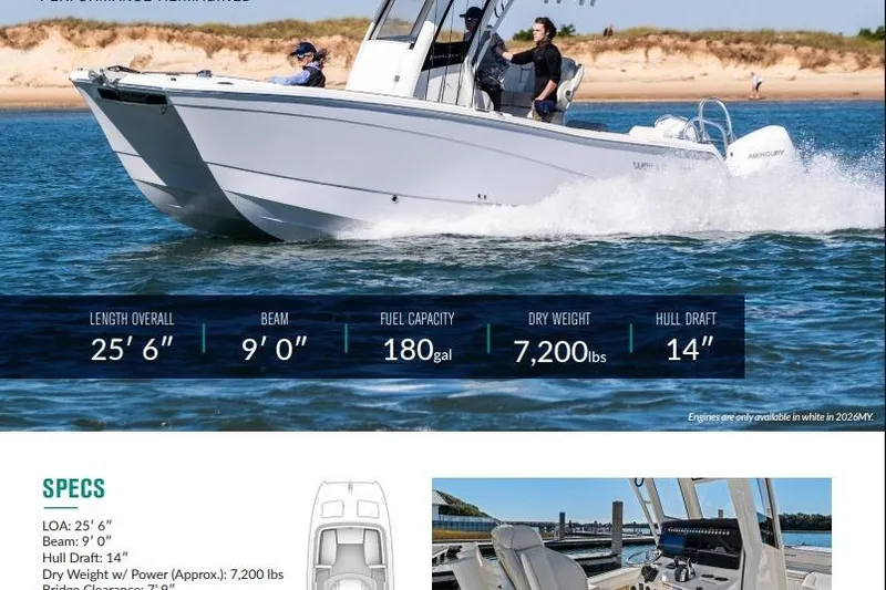  Yacht Photos Pics 2026 World Cat 265 CC-X boat cruising on water, showcasing specifications and features.