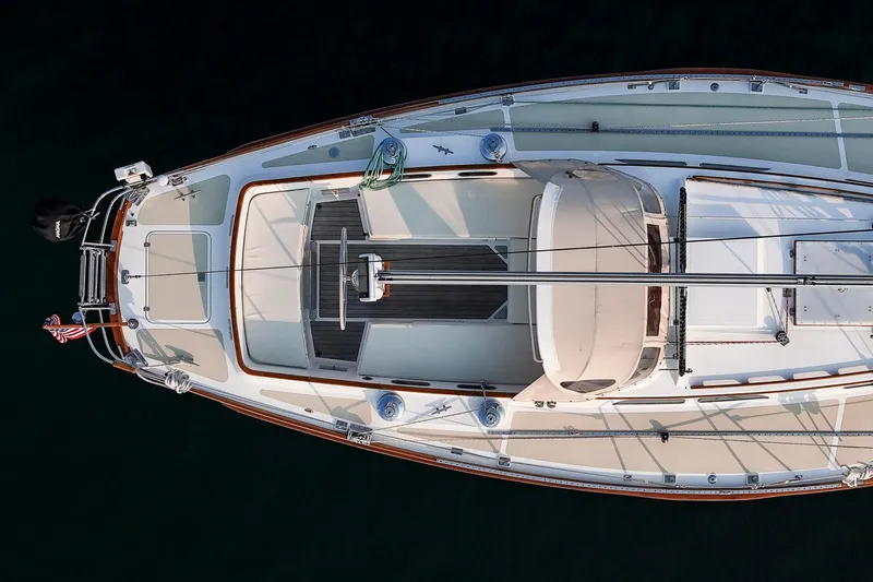 Loon Yacht Photos Pics Aerial view of 1988 Hinckley Sou'wester 42 sailboat, showcasing deck and rigging details.