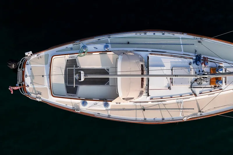 Loon Yacht Photos Pics Aerial view of 1988 Hinckley Sou'wester 42 sailboat, showcasing deck layout and rigging.