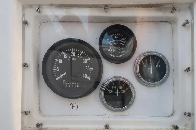 Loon Yacht Photos Pics Instrument panel of a 1988 Hinckley Sou'wester 42 sailboat, displaying various gauges.