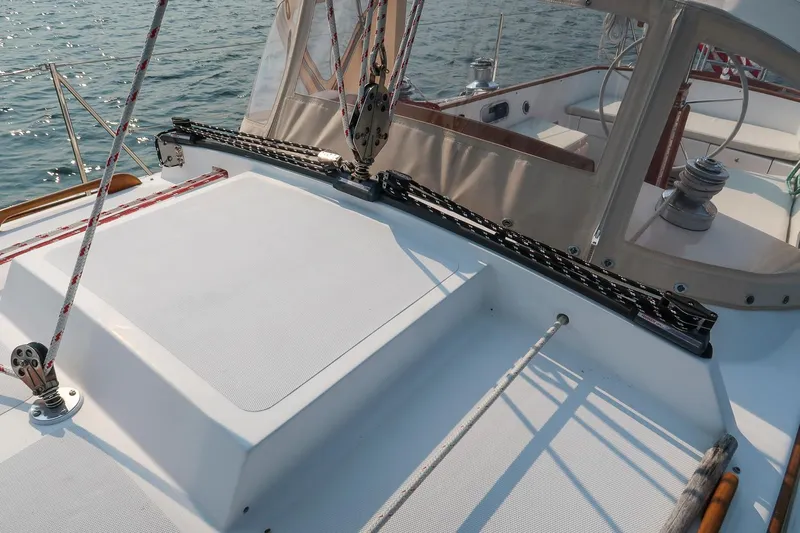 Loon Yacht Photos Pics Hinckley Sou'wester 42 sailboat deck, 1988 model, with rigging and winches visible.