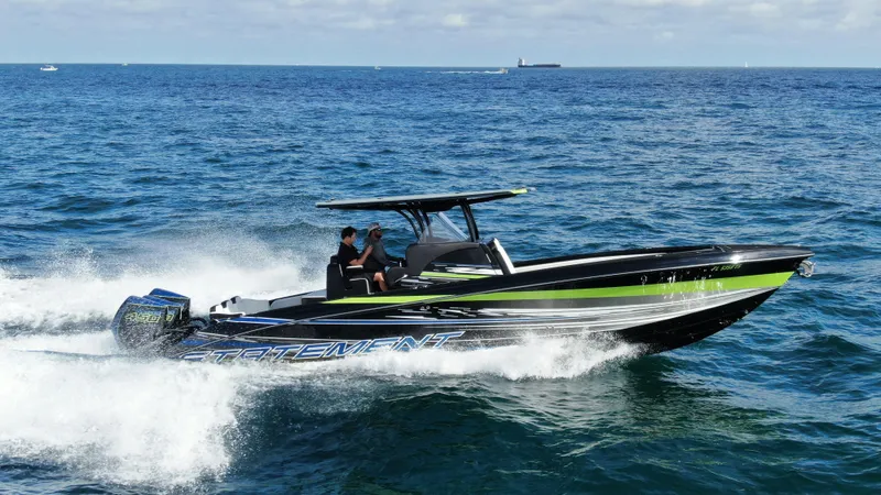  Yacht Photos Pics 2024 Statement 350 Open boat cruising on open sea.