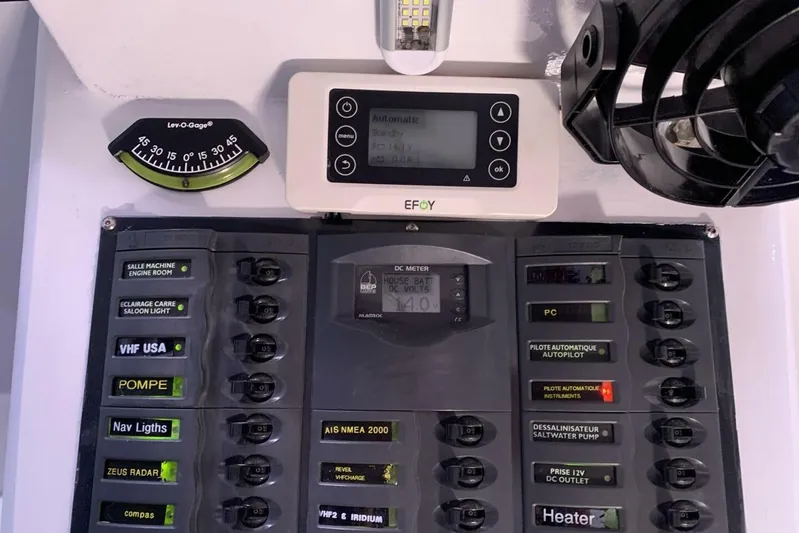 Zed4 Yacht Photos Pics Control panel of a 2009 Class 40 Akilaria RC2 yacht with various switches and gauges.