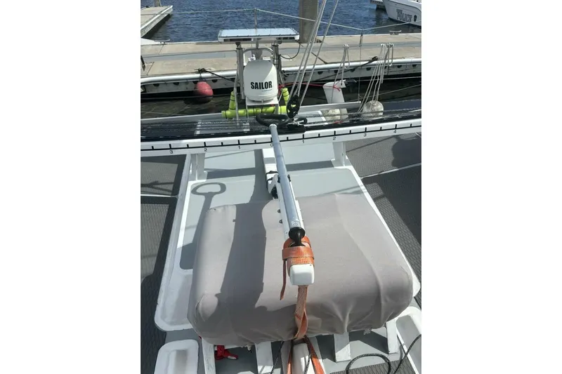 Zed4 Yacht Photos Pics 2009 Class 40 Akilaria RC2 sailboat deck with rigging and equipment at dock.