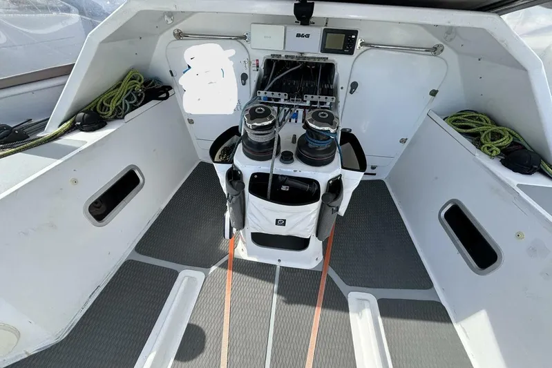 Zed4 Yacht Photos Pics Cockpit of 2009 Class 40 Akilaria RC2 sailboat with ropes and equipment.