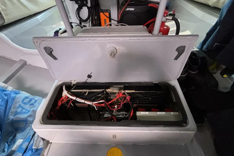 Zed4 Yacht Photos Pics Open electrical compartment of 2009 Class 40 Akilaria RC2 sailboat, showing wiring and components.