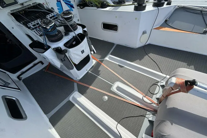 Zed4 Yacht Photos Pics Cockpit of 2009 Class 40 Akilaria RC2 sailboat with winches and ropes.